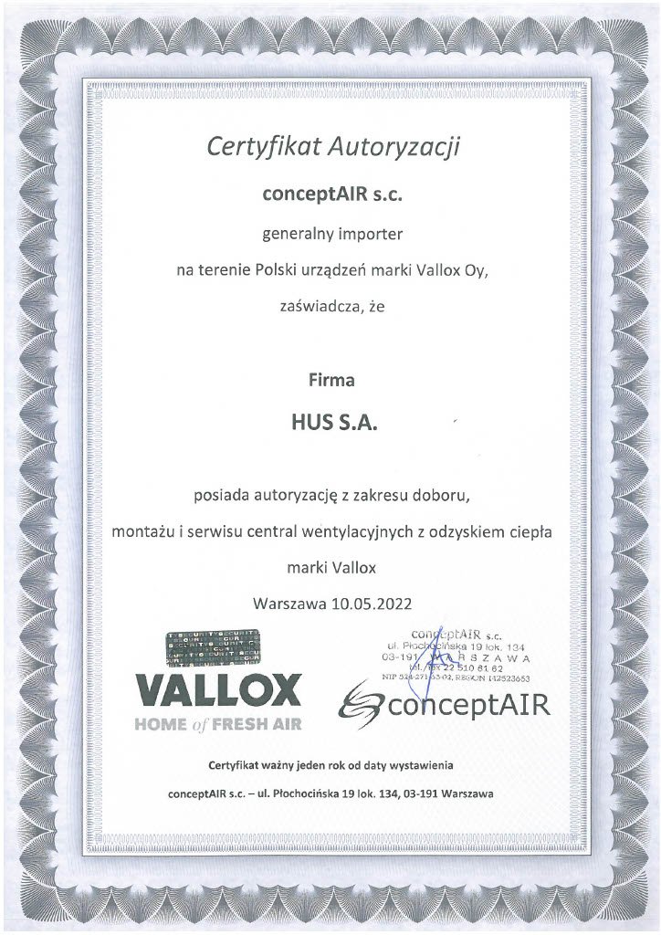 Certyfikat autoryzacji central wentylacyjnych marki Vallox dla HUS SA